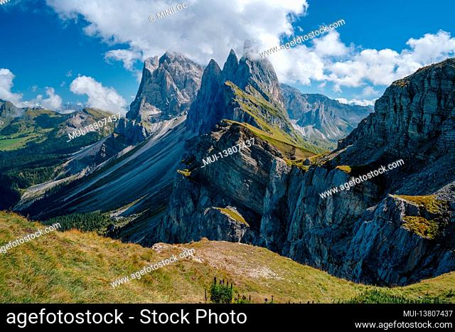 Beautiful landscape of Seceda peak in Dolomites Alps, Odle mountain range, South Tyrol, Italy, Europe