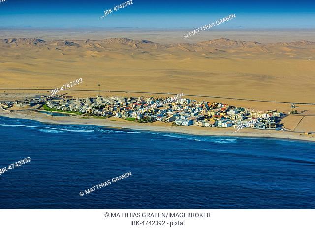 Aerial view, Long Beach Leisure Park, also Langstrand, district of Walvis Bay, between the Atlantic and Namib Desert, Erongo region, Namibia