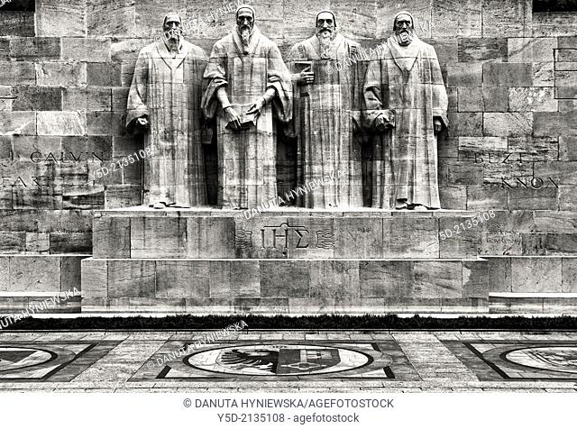 statues of prominent reformers - Calvin, Farel , Beze and Knox, reformation wall, Bastions park, Geneva, Switzerland