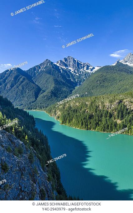 Diablo Lake from overlook is a reservoir in the North Cascade mountains of northern Washington state in North Cascades National Park United States