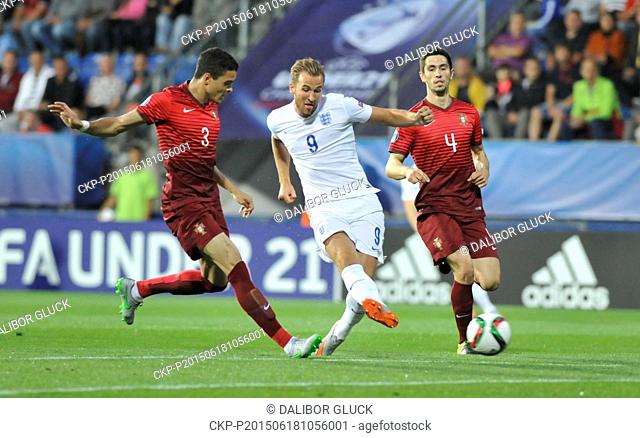 From left football players Tiago Ilori (POR), Harry Kane (ENG) and Paulo Oliveira (POR) fight for ball during the UEFA European U21 soccer championship group A...