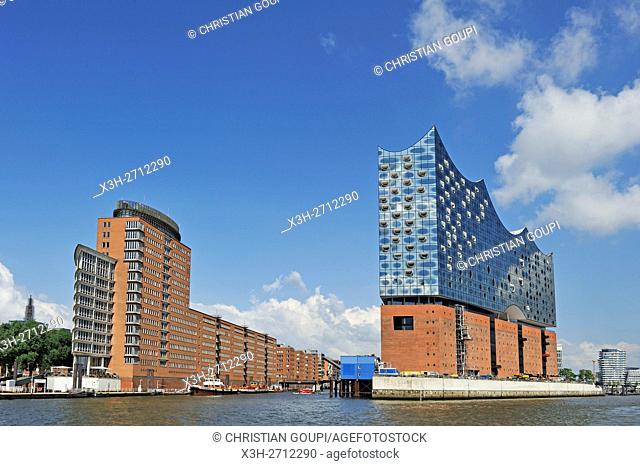Elbphilharmonie, a concert hall built on top of an old warehouse building (by Swiss architecture firm Herzog & de Meuron), view from a ferry on Elbe river
