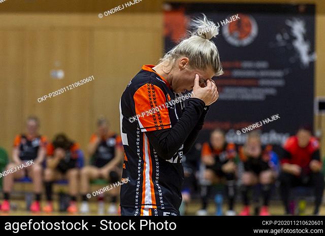 Sad Lucia Mikulcikova (Most) is seen after losing in the Banik Most vs Vaci NKSE match of women's handball Europe League qualifier, 3rd round, on November 21
