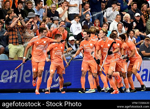 Dutch players celebrate during a hockey game between Belgian national men's hockey team Red Lions and the Netherlands, Thursday 24 August 2023 in...