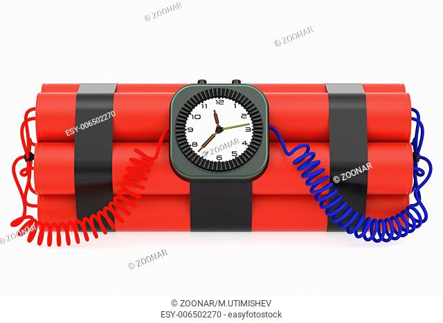 Time bomb with dynamite and clock detonator on white background. High resolution 3D image rendered with soft shadows