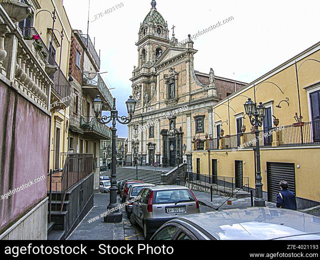 St. Mary of the Alms Cathedral (Pontificia Basilica Collegiata Maria SS. dell'Elemosina), angular view, Main Square. Biancavilla, Metropolitan City of Catania