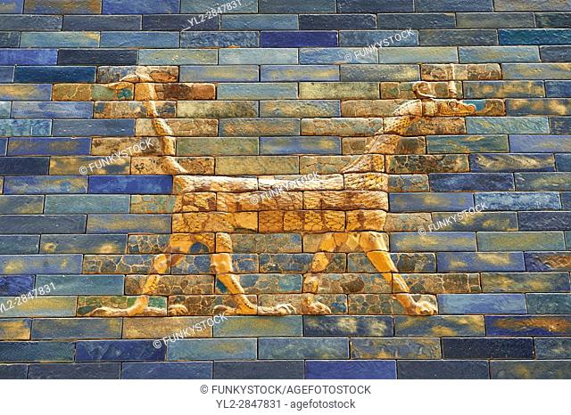 Coloured glazed brick panels of the facade of the first smaller Ishtar Gate, Babylon, dating from 604-562 BC. Babylon (present day Iraq)