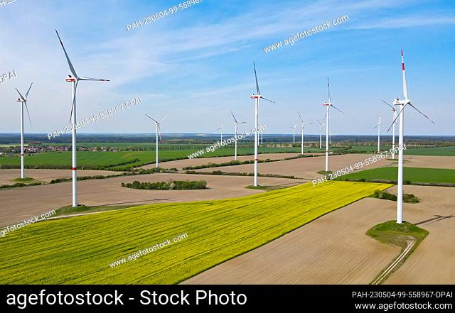 04 May 2023, Brandenburg, Jacobsdorf: A blooming rapeseed field is seen at a wind energy park in the Oder-Spree district of East Brandenburg