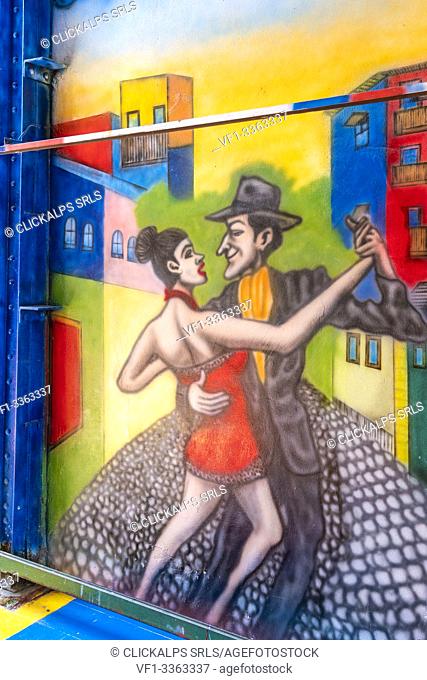 Painting of a couple tango dancing. El Caminito Street, La Boca district, Buenos Aires, Argentina