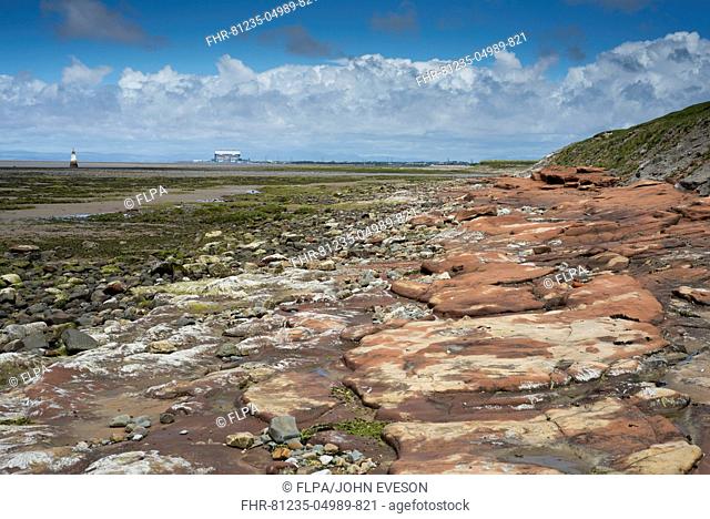 View over estuary with lighthouse, looking towards Furness Peninsula, Plover Scar Lighthouse, River Lune, Cockerham Sands, Morecambe Bay, Lancashire, England
