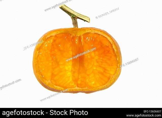 Slice of mandarin against a white background