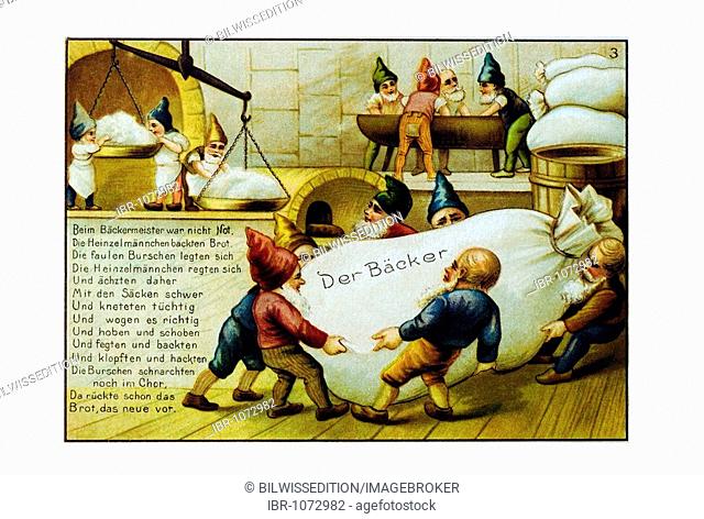 Historical illustration, Heinzelmaennchen, little house gnomes from Cologne, Image 3 of 9, Der Baecker, The Baker, 19th Century legend, poem by August Kopisch