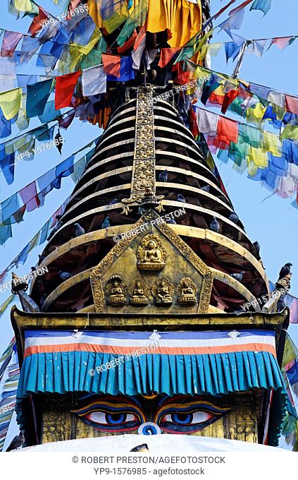 Stupa and prayer flags, Kathe simbhu, Kathmandu, Nepal