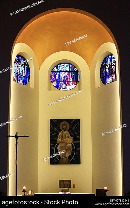 Stained glass windows of Our Lady of Lourdes. The Annunciation, the Visitation and the Nativity. Works by Albert Gsell (1867-1951) and Henri Ripeau deposited in...