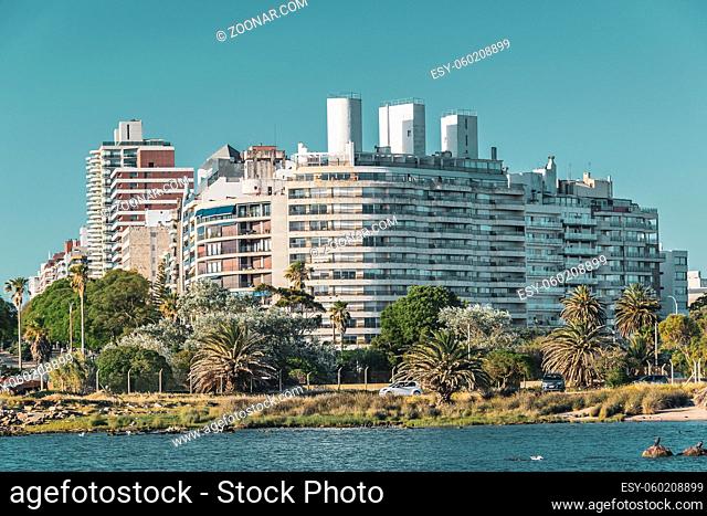 Waterfront buildings urban coastal scene at montevideo city, uruguay
