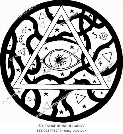 All seeing eye pyramid symbol in tattoo engraving design. Vintage hand drawn freedom, spiritual, occultism and mason sign in doodle style