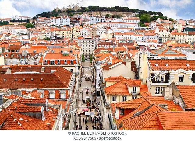 View from Elevador de Santa Justa, View over baixa district with Sao Jorge castle in background.Lisbon. Portugal