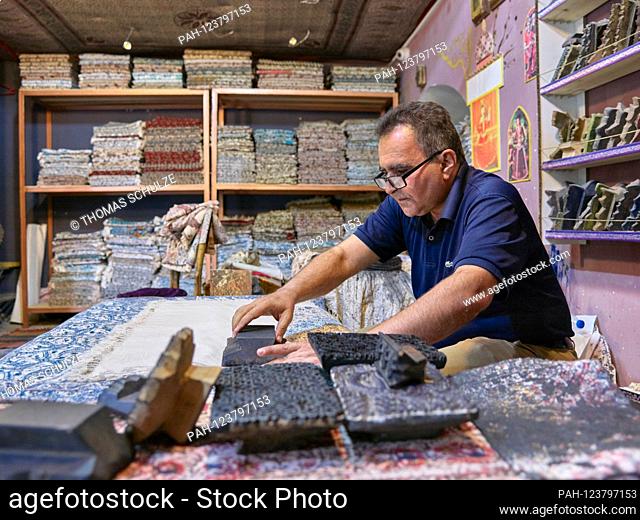 A fabric printer in the grand bazaar of the city of Isfahan in southern Iran, taken on April 26, 2017. The bazaar (Bazar-e Qeysariyeh or Bazar-e Bozorg) at Imam...