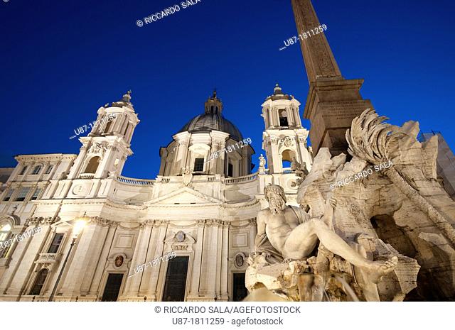 Italy, Lazio, Rome, Piazza Navona, Fountain of the Four Rivers by Bernini background Saint Agnese in Agone Church