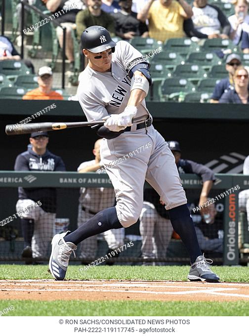 New York Yankees right fielder Aaron Judge (99) bats in the first inning against the Baltimore Orioles at Oriole Park at Camden Yards in Baltimore, MD on Sunday