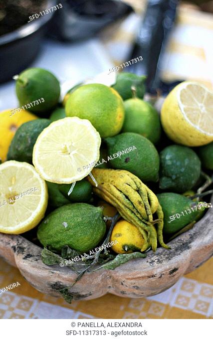 Various citrus fruits in a bowl at a market