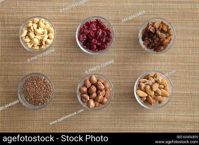 Selection of dried fruit sand nuts for cereal bars