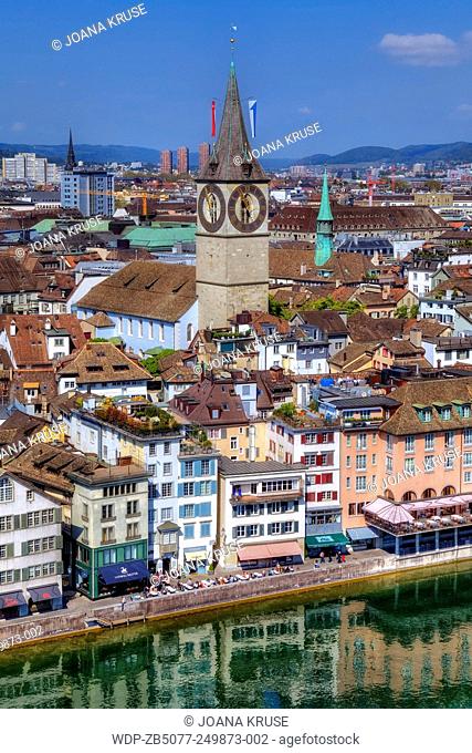 Zurich, St. Peter, church, Wuehre, Limmat, Switzerland