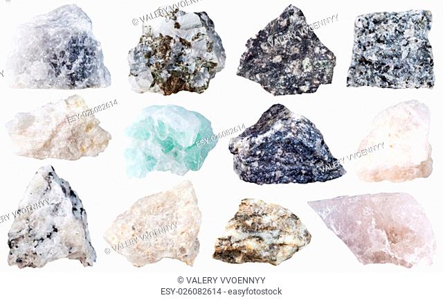 macro shooting of specimen natural rock - set of 12 mineral stones isolated on white background