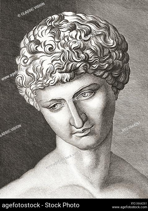 Antinous, or Antinoos, circa 111-130. Bithynian-Greek youth and lover of the Roman emperor Hadrian. After his untimely death Hadrian proclaimed Antinous a deity
