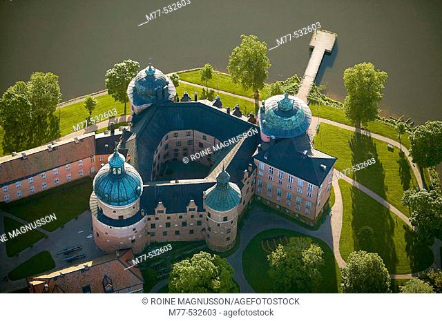 Old castle and lake, aerial view. Gripsholm castle, Mariefred, Södermanland,  Sweden