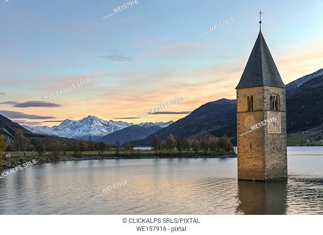 The submerged bell tower of Curon Venosta, province of Bolzano, Alto Adige district, Italy