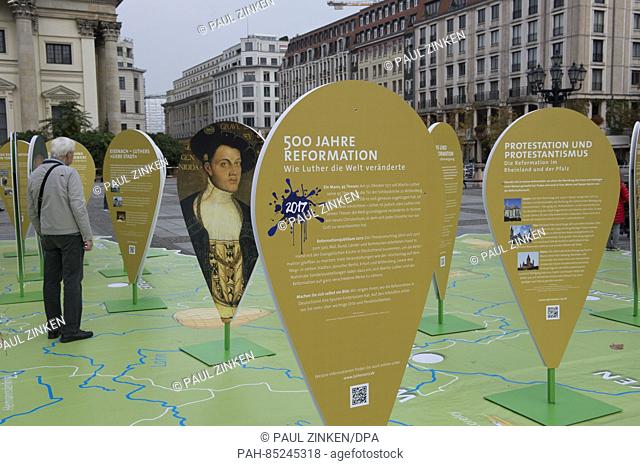 Large displays for the anniversary year of the Reformation stand on Gendarmenmarkt in Berlin,  Germany, 31 October 2016. For the 500th anniversary of the...