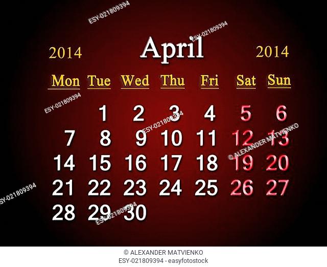 calendar for the April of 2014