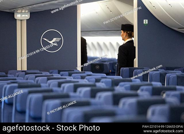 14 October 2022, Hesse, Frankfurt/M.: View through Economy Class. The first Boeing 787-9 in the Lufthansa fleet is presented in a hangar