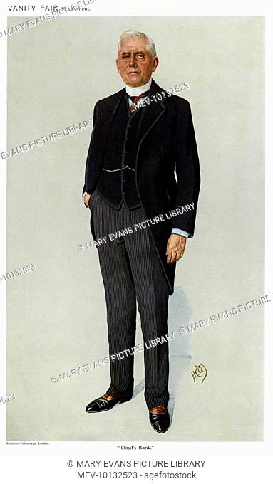 R.V Vasser-Smith in a morning coat & waistcoat with braid trim, grey striped trousers with a front crease, all round collar