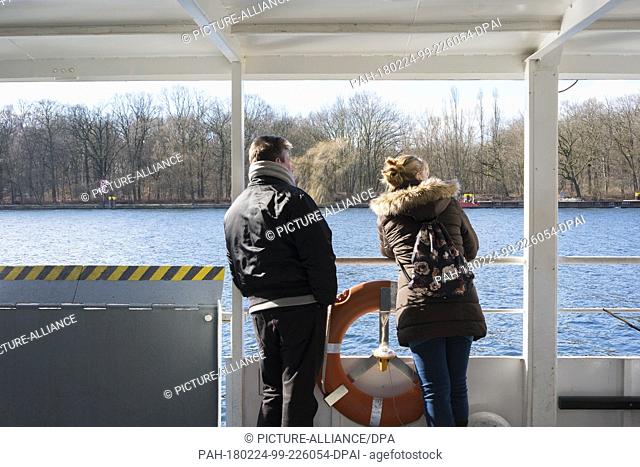 24 February 2018, Germany, Berlin: The ferry on the river Spress drives between the pier Baumschulenweg and Wilhelmstrand