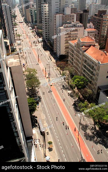 Paulista avenue aerial view, blocked for cars, São Paulo Brazil