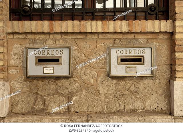 Postboxes builded into the post office wall, city of Teruel, province of Teruel, Aragón Region, Spain, Europe