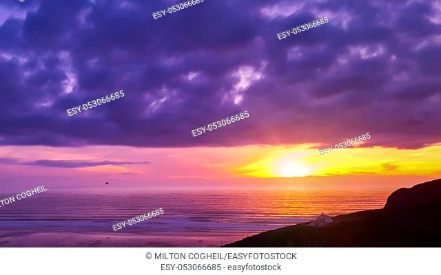 Beautiful sunset over Mawgan Porth beach, Cornwall, UK