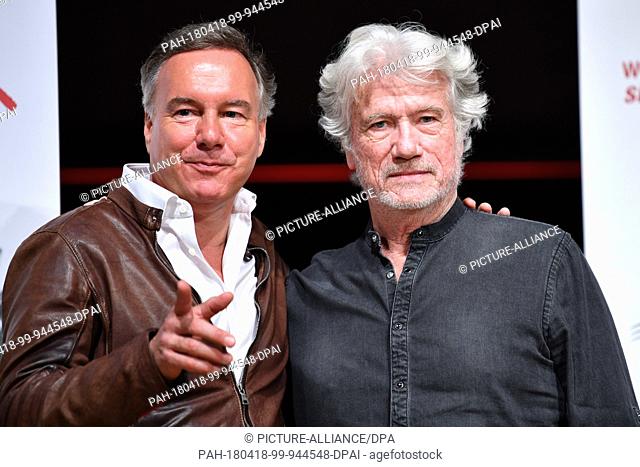 18 April 2018, Worms, Germany: The director of the Nibelung festival, Nico Hofmann (L), and the actor Juergen Prochnow standing onstage during the press...