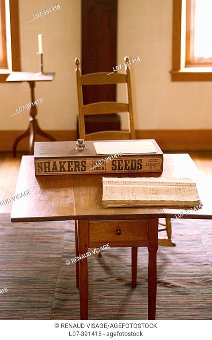 Wood desk in Shaker style. Hancock Shaker Village. The Berkshires. New York. United States
