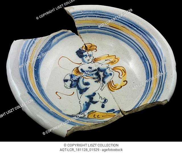 Fragments of faience plate, polychrome putto with ball, on the edge concentric circles, plate dish crockery holder soil find ceramic earthenware glaze tin glaze...