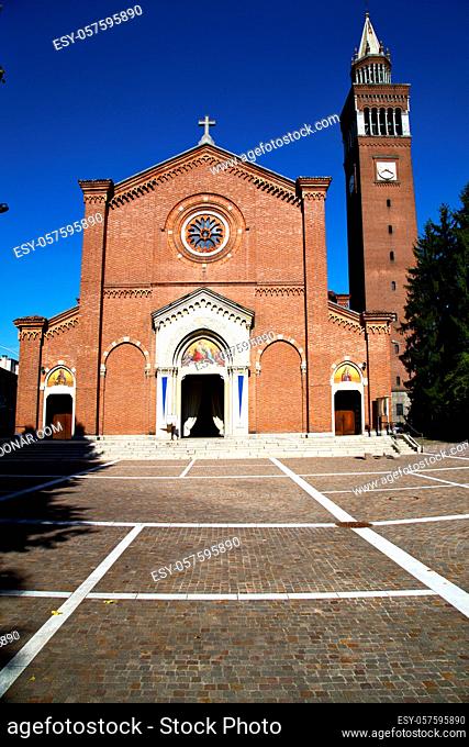 in the castellanza primo old  church closed brick tower sidewalk italy lombardy