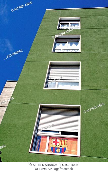 Flag of F.C. Barcelona football club on window, Montcada i Reixac. Barcelona province, Catalonia, Spain