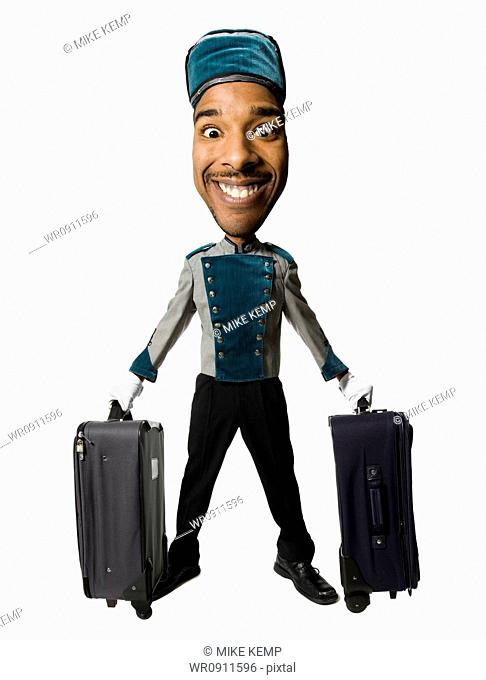 Caricature of bellboy with luggage smiling