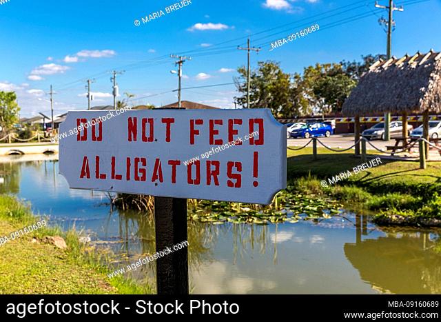 Shield, Do not Feed Alligators, Do Not Feed, Miccosukee, Indian Village, Everglades National Park, Florida, USA, North America