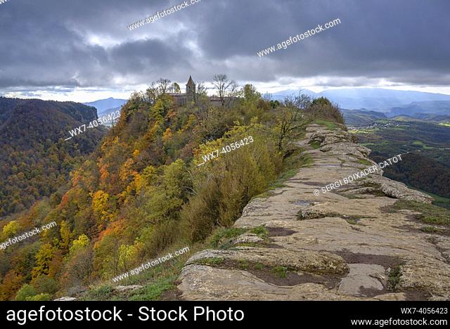 Cabrera sanctuary seen from the summit in autumn (Barcelona province, Catalonia, Spain)