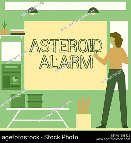 Handwriting text Asteroid Alarm, Conceptual photo warning to prepare the cities in a space rock s is flight path Businesswoman Casual Standing Presenting Charts...