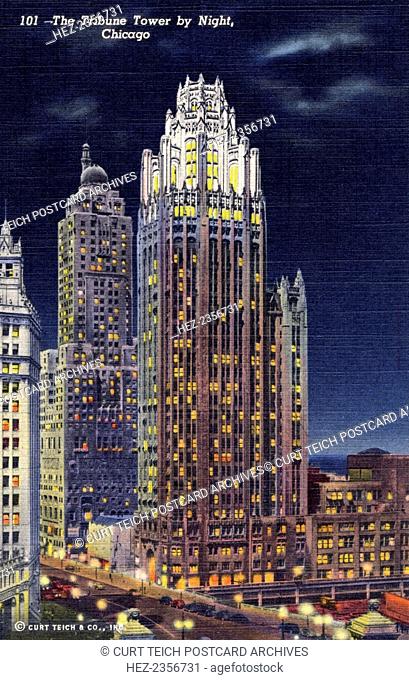 The Tribune Tower by night, Chicago, Illinois, USA, 1941. Postcard showing the Tribune Tower lit up at night. The Wrigley Building and the Medinah Athletic Club...