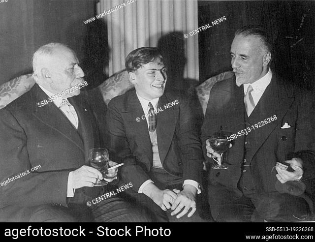 Yehudi Menuhin with Sir Thomas Beecham and (left) Sir Edward Elgar at a reception held at Grosvenor House, London.The Concert held at the Albert Hall was the...